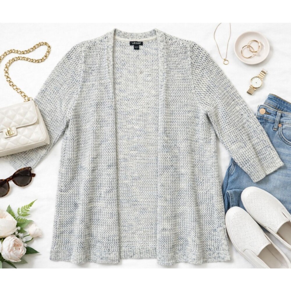 Talbots Open Knit Cardigan Womens Size LP Gray Marled Lightweight 3/4 Sleeve